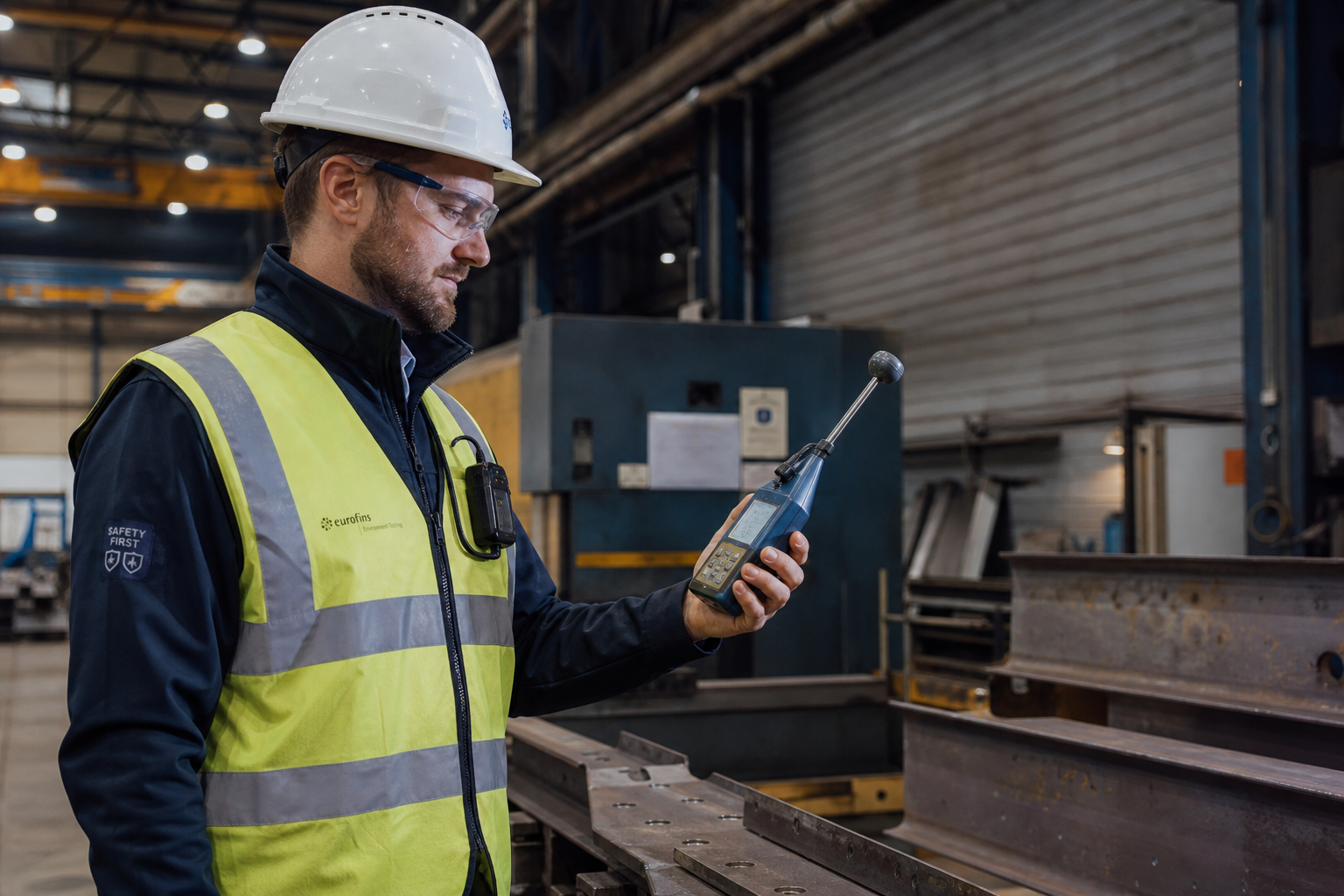Man voert metingen uit in een industriële werkomgeving